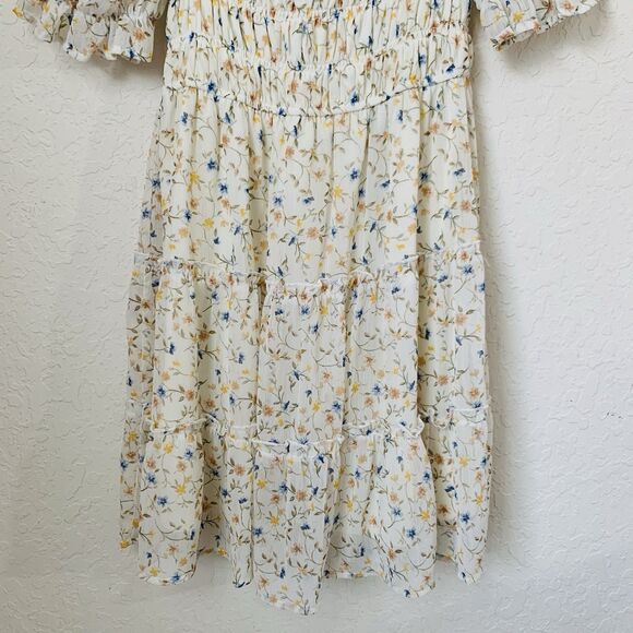 Blue Rain Dress Women S Beige Ditsy Floral Mini Puff Cottagecore Peasant Boho - Picture 3 of 12